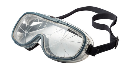 Broken safety goggles with cracked lens and strap, isolated on transparent background