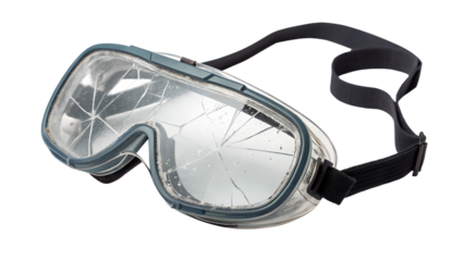 Broken safety goggles with cracked lens and strap, isolated on transparent background