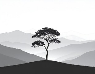 Silhouette of a tree on a hilltop, mountains in the background