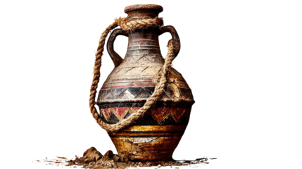 Ancient pottery vessel with intricate designs and rope handle, showcasing archaeological craftsmanship and history