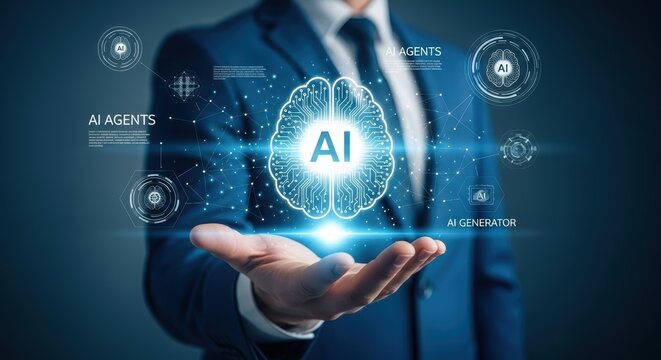 Businessman holding a glowing brain with ai text, symbolizing artificial intelligence and future technology