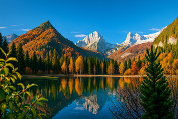 Fototapeta premium Vibrant autumn at Schieder weiher in Upper Austria showcases stun