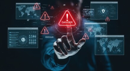 Man touching a digital screen displaying danger alerts and cybersecurity threats