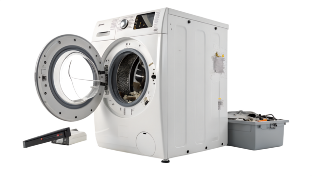 Washing machine disassembled with tools and parts isolated on transparent background