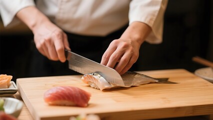 Chef skillfully slicing fresh fish on a wooden cutting board