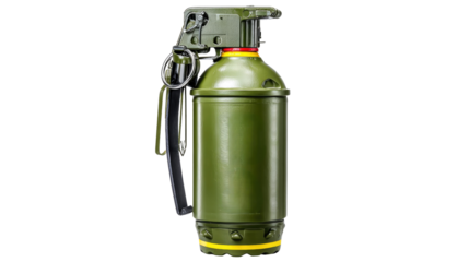 Detailed Image of an Olive Green Hand Grenade with Safety Pin and Handle Isolated on White Background