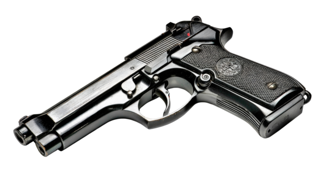 Realistic close-up view of a black handgun on a white background for illustrative purposes in safety and security themes