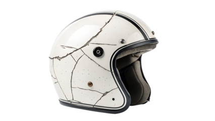 A vintage motorcycle helmet with a cracked pattern, isolated on transparent background