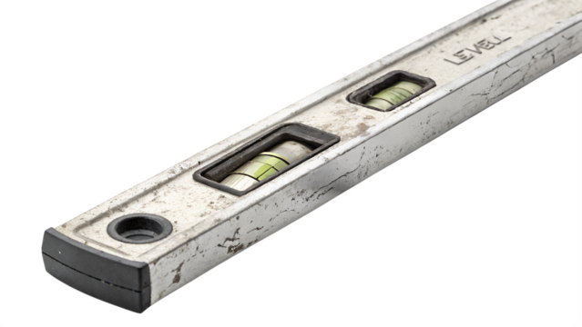 Closeup of a metal spirit level tool showing bubbles, isolated on transparent background