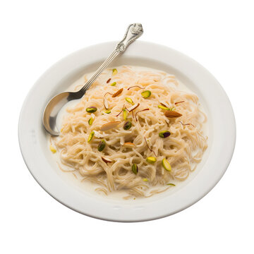 Sweet and creamy sevai kheer, an Indian vermicelli pudding, topped with saffron, almonds, and pistachios, served in a white bowl with a spoon isolated on a transparent background 
