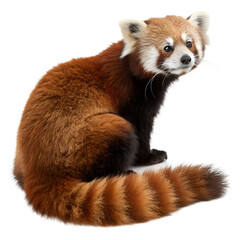 Obraz premium A cute red panda sitting and looking at the camera isolated on transparent background in a studio shot