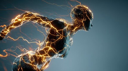 a surreal image of an energetic figure composed of crackling lightning bolts, exhibiting dynamic motion