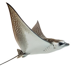 Fototapeta premium Eagle ray swimming in the ocean isolated on transparent background, a spotted marine animal with a long tail and fins