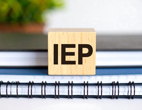 Wooden block with IEP text on notebook
