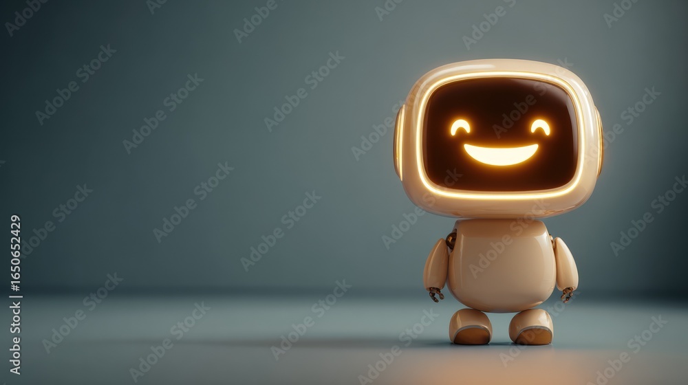 Poster a charming cartoon robot character with a friendly, smiling expression, perfect for technology-relat
