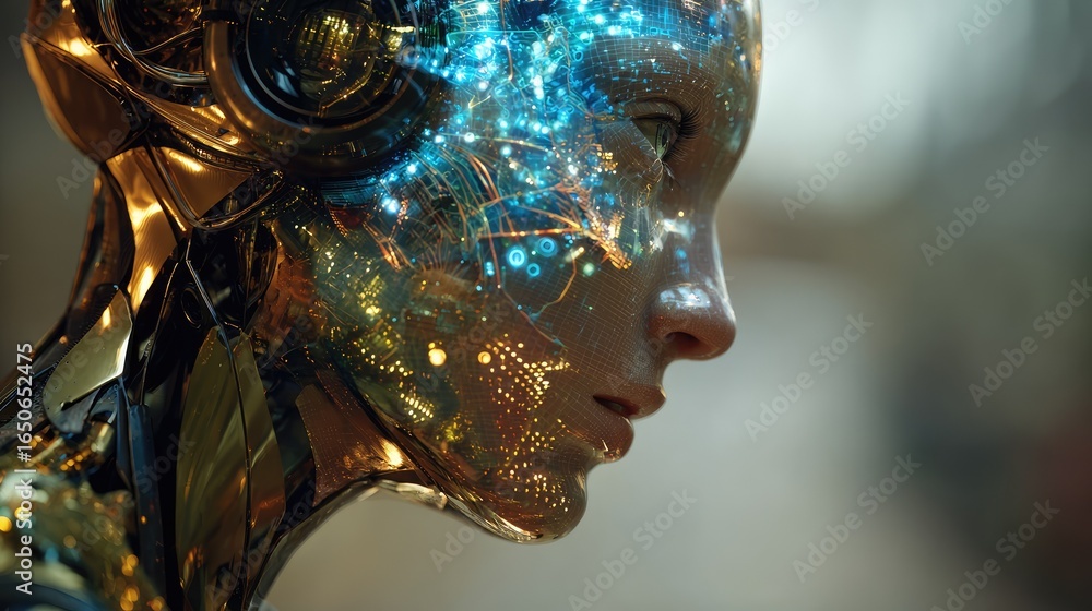 Poster futuristic android with glowing circuit patterns. the android embodies the fusion of technology and 