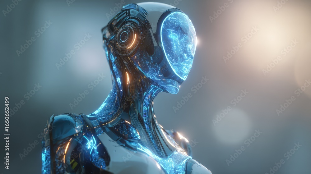 Poster an alien humanoid robot gazing with an advanced head-mounted display