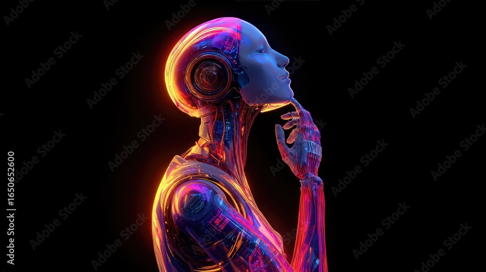Poster an advanced robot deep in thought, a futuristic concept image with colorful lights