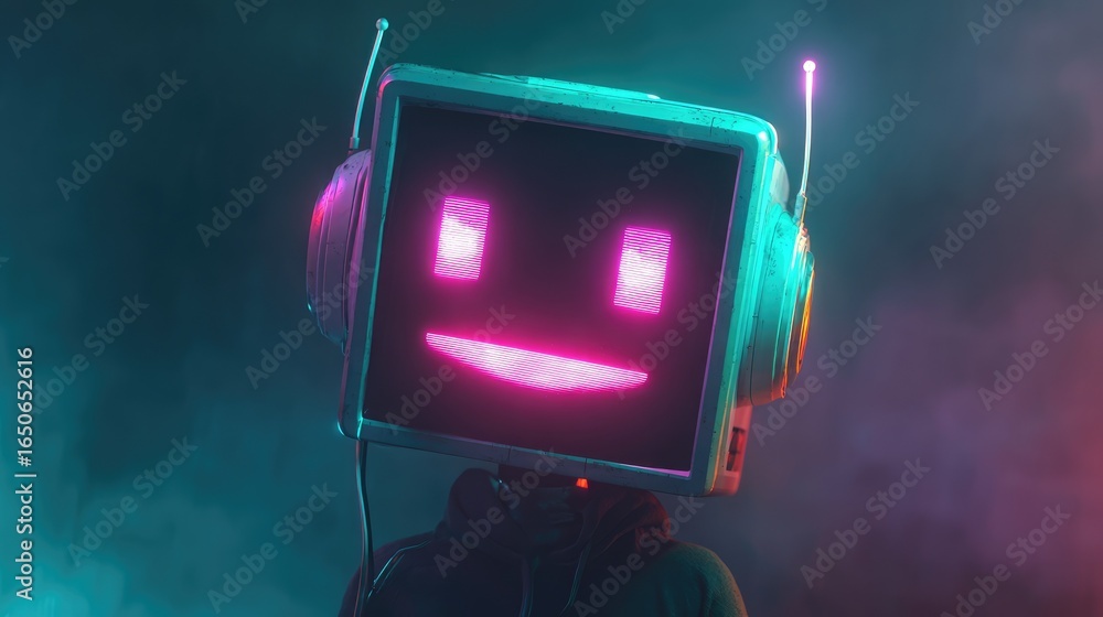 Poster a smiling robot with a monitor head, looking cheerful with a vibrant neon glow