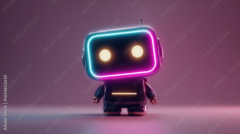 Poster a futuristic robot with a glowing neon design, emanating modernity. its design appears adorable and 