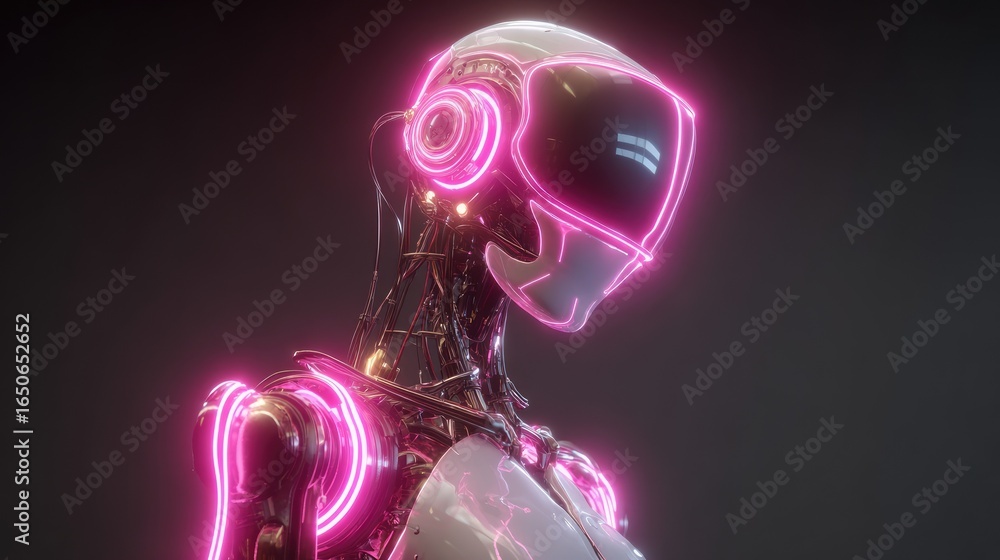 Poster futuristic android robot with neon glowing detail. the robot has a sleek design with glowing neon hi