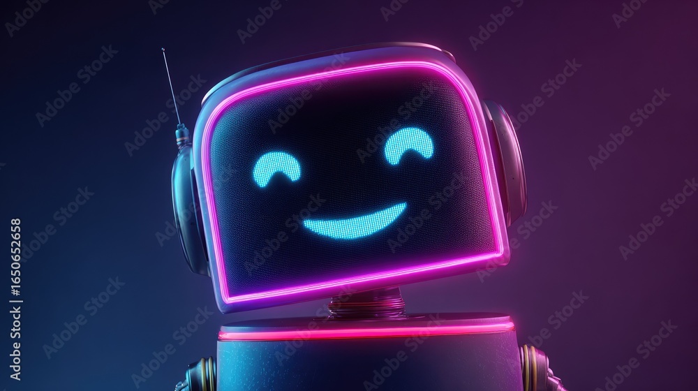 Poster a futuristic robot with a smiling expression glowing with neon colors and antenna