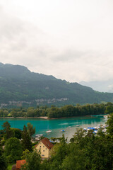 View of Lake Walen, Switzerland, Swiss Alps, Canton St. Gallen, Chatzenberg, summer 2025. Trees,...