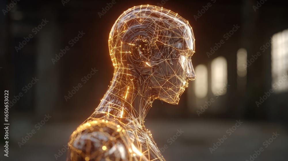 Poster a futuristic golden human-like form with intricate, interconnected structures