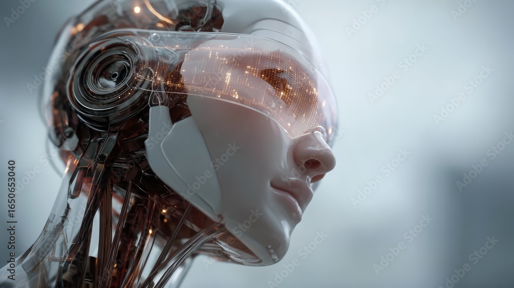 Poster a close-up view of a futuristic looking cyborg with a transparent head and complex internal systems