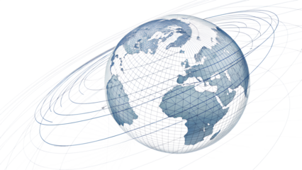 Digital globe with orbiting rings, representing global connectivity and technology, isolated on transparent background