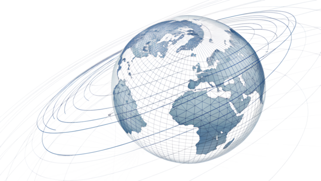 Digital globe with orbiting rings, representing global connectivity and technology, isolated on transparent background