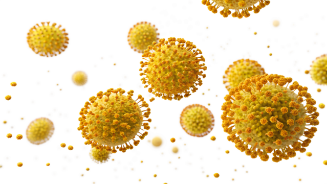 Yellow virus particles floating in the air, representing infectious disease and the need for medical research, isolated on transparent background