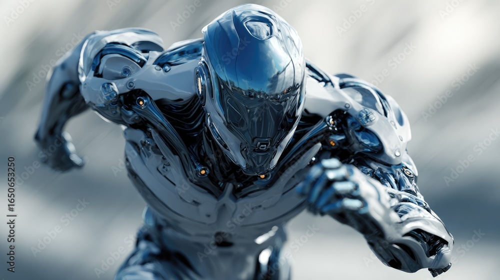 Poster a futuristic robot runs powerfully towards an unseen goal. its chrome shell gleams in the light, emb