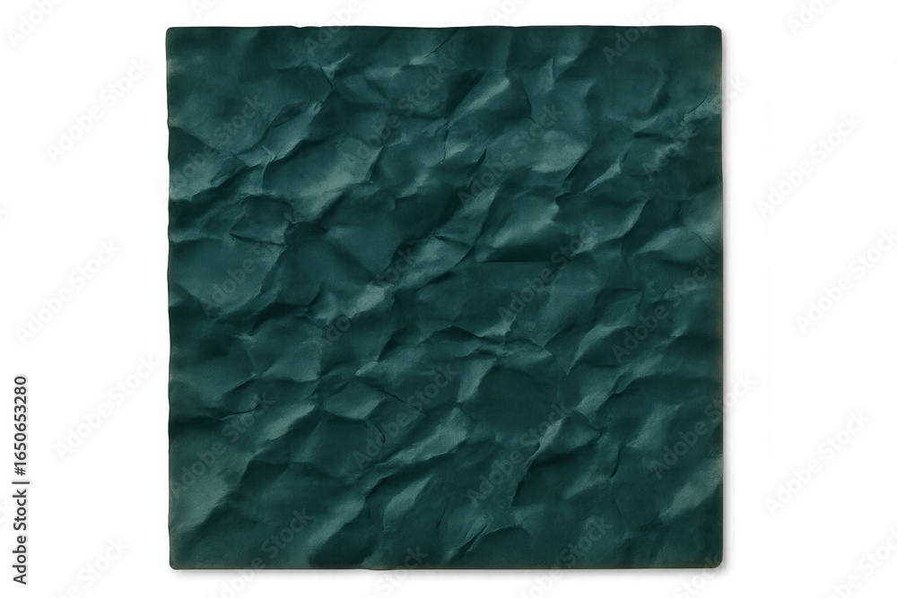 Poster crumpled teal paper sheet creating textured background with translucent zones, offering graphic desi