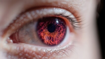 Close-up of a human eye with an intense, fiery red iris pattern