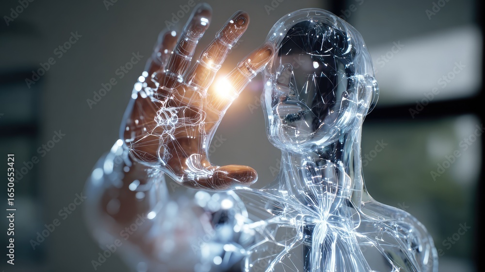 Poster an artistic image of a human body composed of glass-like material interacting with light and data. t