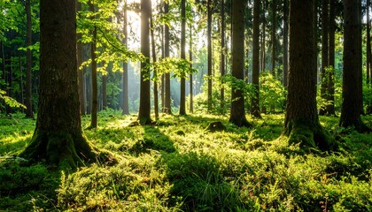 Fototapeta premium Sunlit forest floor, moss, and tall trees