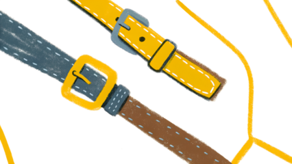 Two leather belts with buckles, one brown and one yellow, isolated on transparent background, representing fashion and accessories