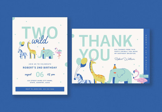 Blue White Simple Cute Animal Birthday Invitation and Thank you Card
