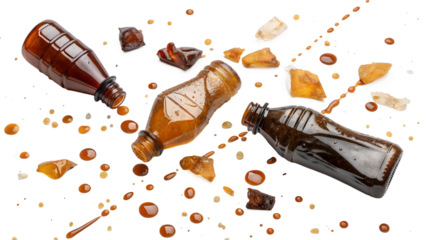 Three brown bottles of soda with splashes and ice cubes, captured in motion and isolated on a transparent background