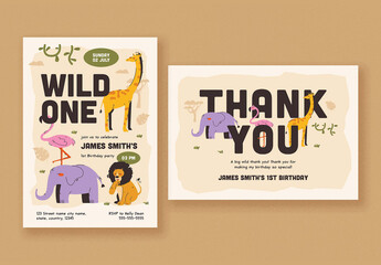 Playful Animal Safari Birthday Invitation and Thank you Card