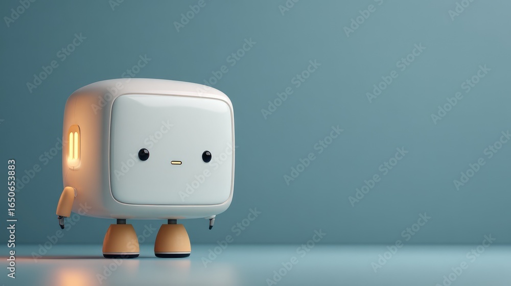 Poster an adorable robot character with a warm and inviting appearance, with a gentle demeanor and a charmi