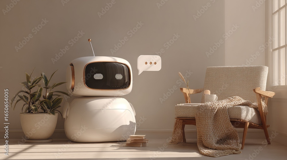 Poster a modern home with a charming robot chatting in the space. the robot has a friendly expression, and 