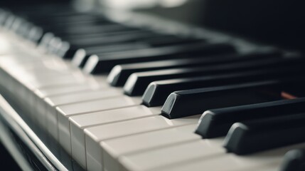 Piano Keys in Focus: A close-up shot of a piano keyboard, with its ebony and ivory keys in striking detail, creating a sense of depth and inviting a journey through musical notes and compositions.