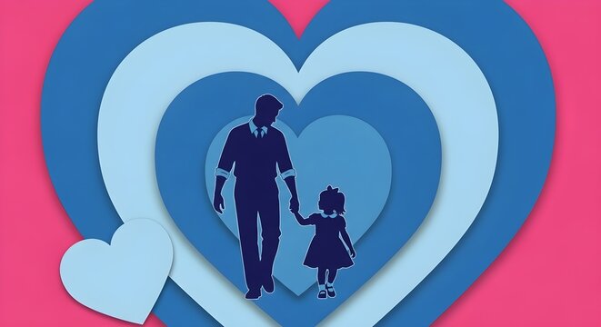A loving father and daughter walk hand-in-hand, surrounded by heart shapes, symbolising family.