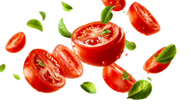 Fresh Tomato Halves and Slices with Basil Leaves Mid Air