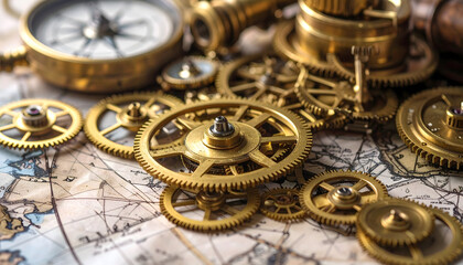 Fototapeta premium Golden Gears and Compass Components on an Old World Map with Detailed Textures and Brass Elements