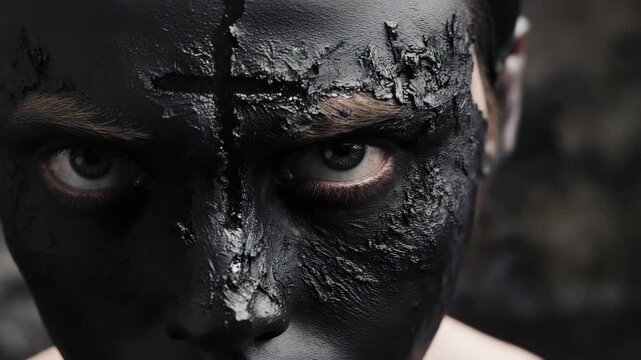 Close up of a person with striking face paint and cross, portraying a captivating story. Face paint in dark shades with cracked texture and striking cross on forehead.