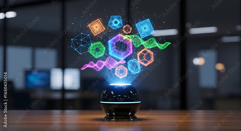 Poster futuristic holographic display showcasing abstract geometric shapes and digital data visualization i