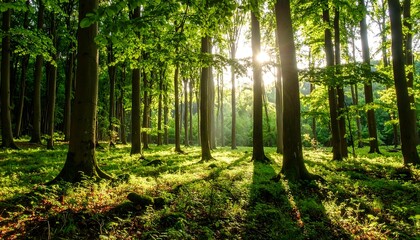 Sunlit forest scene with lush green canopy and mossy undergrowth